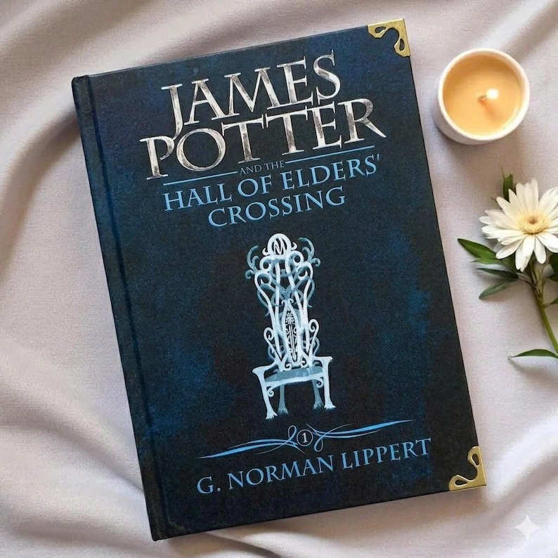 May include: A hardcover book titled James Potter and the Hall of Elders' Crossing by G. Norman Lippert. The dark blue cover features a white illustration of an ornate chair, silver lettering, and gold-toned metal corner protectors.