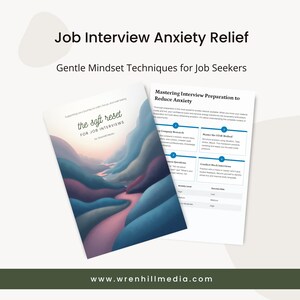 May include: A book cover titled "the soft reset for job interviews" with a landscape illustration in shades of blue, pink, and purple. The title "Job Interview Anxiety Relief" is at the top, with "Gentle Mindset Techniques for Job Seekers" below it.