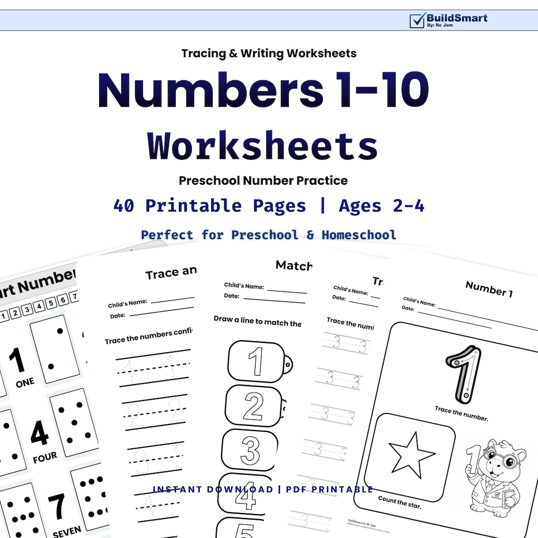 Numbers 1-10 Tracing Worksheets for Toddlers Ages 2-4 | Preschool Math