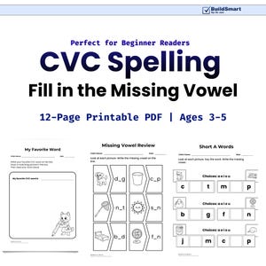 Puede incluir: Un PDF imprimible de 12 páginas para lectores principiantes, con ejercicios de ortografía CVC. Incluye actividades para completar vocales faltantes e identificar palabras con vocales cortas. Adecuado para niños de 3 a 5 años, con ilustraciones.