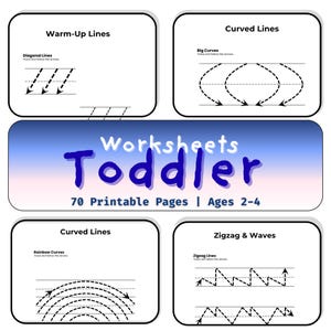 Puede incluir: Hojas de trabajo para niños pequeños con el título "Worksheets Toddler" en azul. Las hojas de trabajo incluyen ejercicios de trazado para líneas diagonales, curvas y en zigzag. También se ve el texto "70 Printable Pages | Ages 2-4".