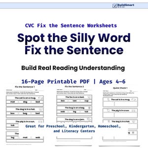 May include: A4 printable worksheet for ages 4-6. The title is "Spot the Silly Word, Fix the Sentence." The worksheet includes exercises to build reading comprehension. The text includes "Great for Preschool, Kindergarten, and Literacy Centres."