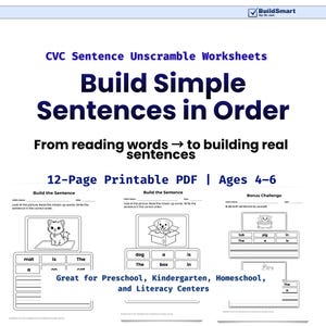 May include: A white worksheet titled "CVC Sentence Unscramble Worksheets" with the text "Build Simple Sentences in Order." The worksheet is a 12-page printable PDF for ages 4-6. It includes sentence-building exercises with images of a cat, dog, and pig.