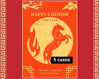 Chinese New Year 2026 Postcard Set – Fire Horse, 5 Minimalist Lunar Cards