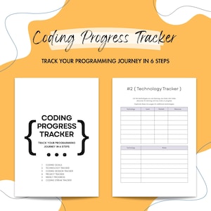 Könnte beinhalten: Ein weißer Coding Progress Tracker mit dem Text "Coding Progress Tracker" und "Track Your Programming Journey in 6 Steps". Der Tracker enthält Abschnitte für Codierungsziele, Technologie und wöchentliche Fortschritte.