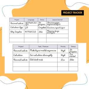 May include: A project tracker with a white background and orange accents. The text "PROJECT TRACKER" is at the top. Two tables list project details, including project names, languages, statuses, and lessons learned or tasks/features. The handwriting is in black.