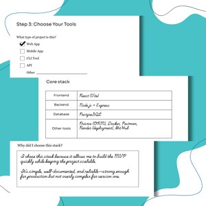 May include: A teal and white graphic with the text "Step 3: Choose Your Tools." It lists "Web App" as the project type and details a core stack including React (Vite), Node.js + Express, and PostgreSQL. Additional tools are also listed.