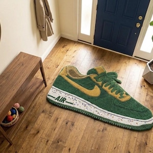 Alfombra tejida a mano con forma de zapatilla, estilo urbano, decoración de habitación Hypebeast, con estampado de cabeza de zapatilla para un toque de estilo.