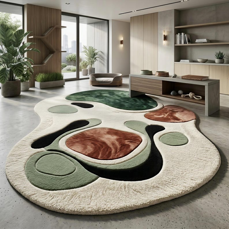 Organic R Shaped Rug Abstract Organic Shape Area Rug, Modern Irregular Carpet, Contemporary ...