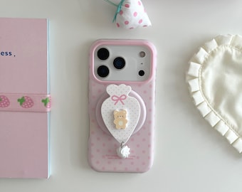 Pink Polka Dot Creamy Bear Magnetic Phone Case for iPhone 17 Pro, 16 Pro Max, and iPhone 15 Series