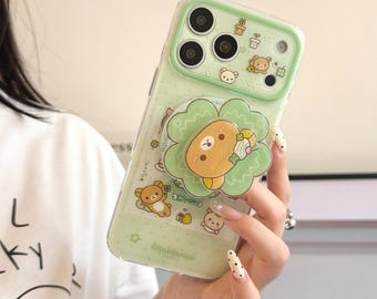 Green Polka Dot Four-Leaf Clover Relax Bear Magnetic Phone Case Stand for iPhone 17 Pro, 16 Pro Max, 15 Series