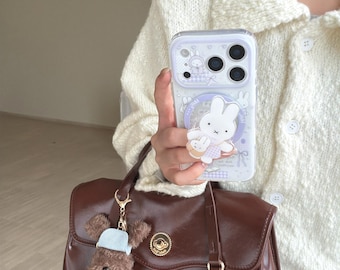 Funda magnética para teléfono Miffy Bunny, cuadros morados, para iPhone 13-17