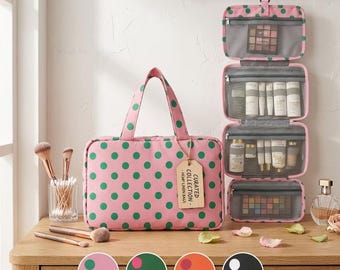Retro Polka Dot Hanging Toiletries Bag Folding Travel Makeup Organizer Cosmetic Case, Newlywed Wedding Gift, Anniversary Gift for Her