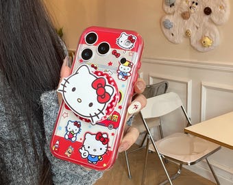 Cute Red Plaid Hello Kitty Cartoon Bus Magnetic Phone Case for iPhone 17 Pro, 16 Pro Max, 15 Series Magnetic Stand Cover