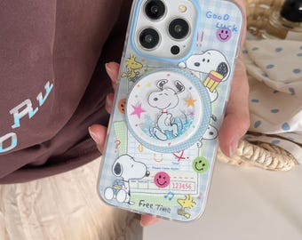 Funda magnética para iPhone con purpurina y cuadros de Snoopy, ajuste universal