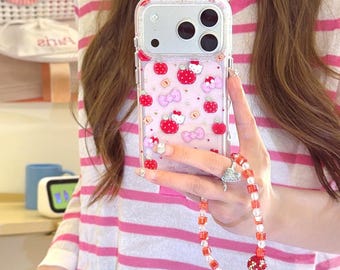 Funda para teléfono con lazo rosa y manzana roja de Hello Kitty con correa, compatible con iPhone 17 Pro Max, 17 Pro y 16 Pro Max.