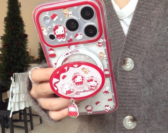 Cute Red Strawberry Earphone Hello Kitty Magnetic Phone Case for iPhone 17 Pro, 16 Pro Max, 15 Series.