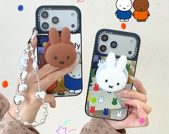 Cute Miffy Mirror Phone Case with Lanyard for iPhone 17 Pro Max, 16 Pro Max 15, Kawaii Cartoon Magnetic Stand Cover Holder