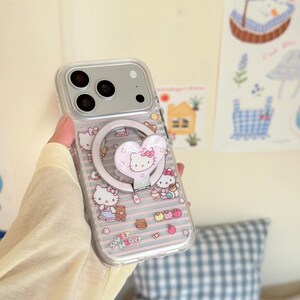 Pink Striped Bear Hello Kitty Foldable Stand Phone Case for 17 Pro Max, 17 Pro, 16 Pro Max Series image 3