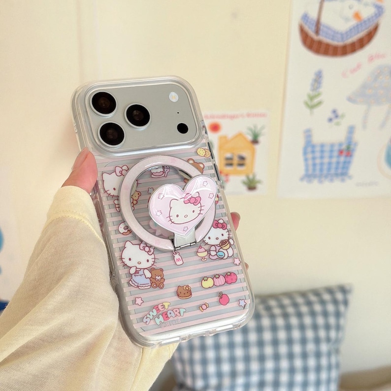 Pink Striped Bear Hello Kitty Foldable Stand Phone Case for 17 Pro Max, 17 Pro, 16 Pro Max Series image 3