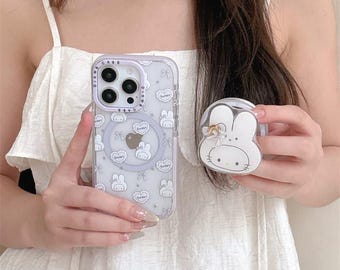 Purple Heart Miffy Bunny Magnetic Phone Case Stand for iPhone 17 Pro, 16 Pro Max, 15 Series