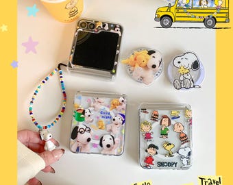 Snoopy Cute Folding Phone Case for Samsung Galaxy Z Flip  8 7 6 5 , Magnetic Stand Cover with Lanyard Strap