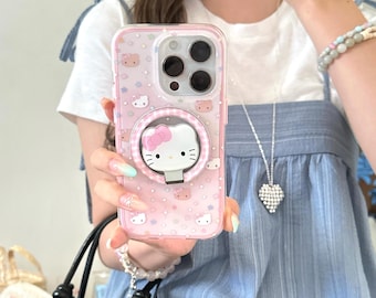 Magnetic Rotating Hello Kitty Phone Case with Starry Powder Base, Compatible with iPhone 17 Pro, 16 Pro Max, and 15 Series.