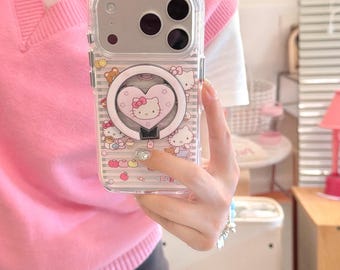 Funda plegable con soporte y diseño de oso de Hello Kitty a rayas rosas para las series 17 Pro Max, 17 Pro y 16 Pro Max.