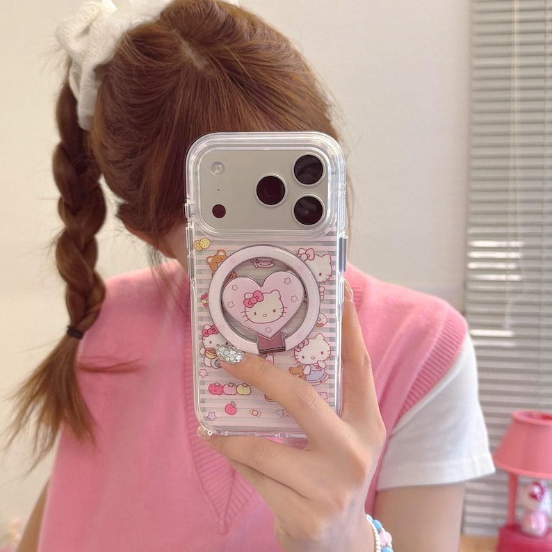 Pink Striped Bear Hello Kitty Foldable Stand Phone Case for 17 Pro Max, 17 Pro, 16 Pro Max Series image 2