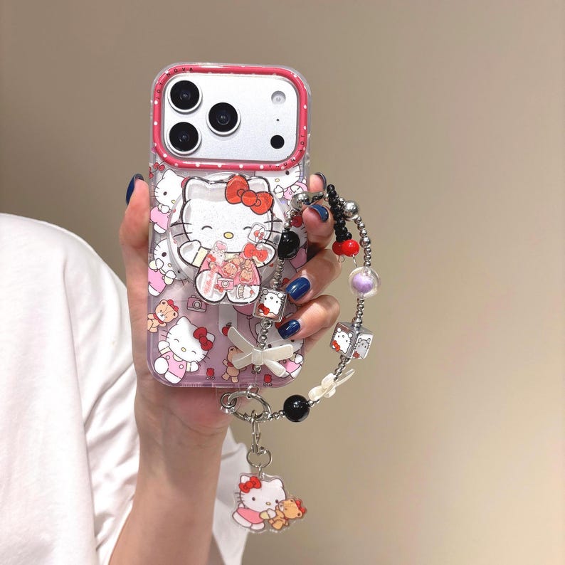 Bow Hello Kitty Wobble Magnetic Phone Case for iPhone 17 Pro Max, 17 Pro, 16 Pro Max Series Case + Strap+ Grip