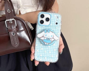 Blue Plaid Floral Large Ear Dog Magnetic Phone Case Stand for 17 Pro Max, 17 Pro, 16 Pro Max