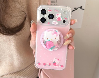 Strawberry Polka Dot Hello Kitty Magnetic Stand Phone Case, MagSafe Cover for iPhone 17 Pro Max, 17 Pro, 16 Pro Max