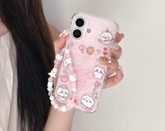 Funda Chiikawa para iPhone con correa, diseño de dibujos animados en rosa