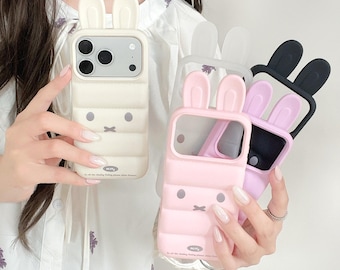 Cute Minimalist Miffy Rabbit Emoji Phone Case for iPhone 17 Pro, 16 Pro Max, 15 Series – Simple Bunny Ears Kawaii Design