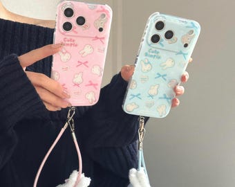 Blue and Pink Heart Miffy Rabbit Phone Case with Lanyard, Compatible with 17 Pro Max, 17 Pro, 16 Pro Max