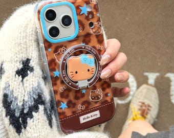 Brown Leopard Hello Kitty Phone Case, Magnetic Folding Stand Cover for iPhone 17 Pro Max, 17 Pro, 16 Pro Max