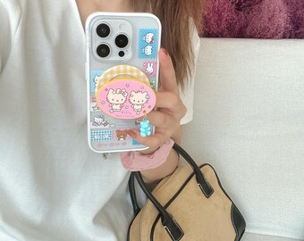 Cute Bunny & Hello Kitty Pop Socket Magnetic Phone Case for iPhone 17 Pro, 16 Pro Max, 15 Series