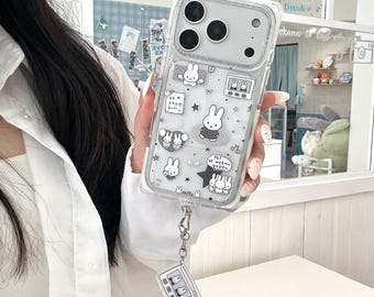 Cute Miffy Bunny Square Phone Case with Lanyard for iPhone 17 Pro, 16 Pro Max, 15 Series
