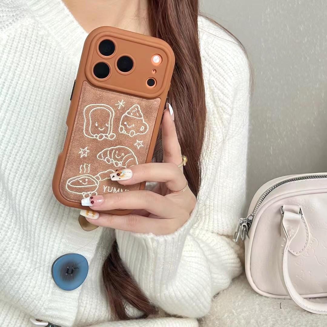 Brown Plush Embroidered Cute Toast Bread Phone Case for iPhone 17