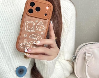 Funda de teléfono con pan tostado bordado de felpa marrón para iPhone 17 Pro, 16 Pro Max y 15 Series