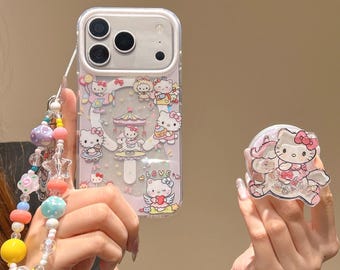 Cute Hello Kitty Carousel Magnetic Kickstand Phone Case with Strap for iPhone 17 Pro Max, 17 Pro, 16 Pro Max