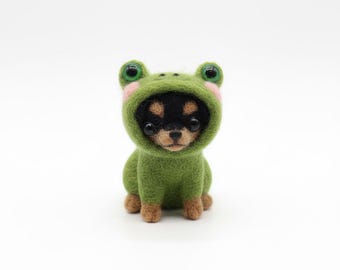 Needle Felted Chihuahua Dog Figurine, Frog Costume Wool Sculpture