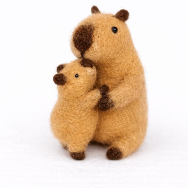 Needle Felted Capybara with Baby Handmade Wool Figurine