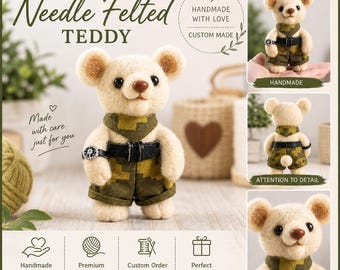 Handmade Needle Felted Teddy in Military Outfit, Artist Plush Figure