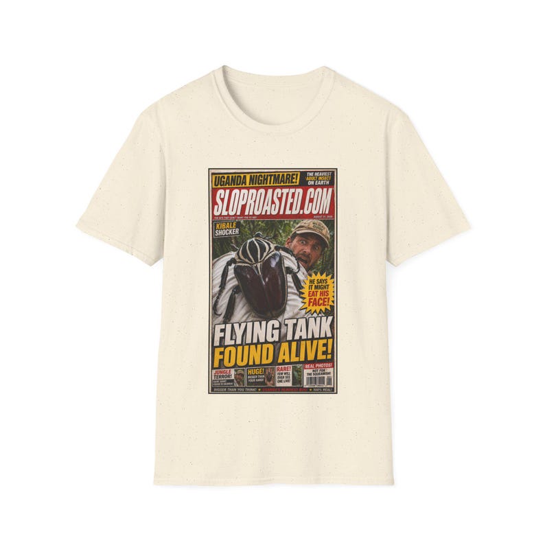Flying Tank Found Alive! Tabloid T-Shirt, Funny SlopRoasted Graphic Tee image 3