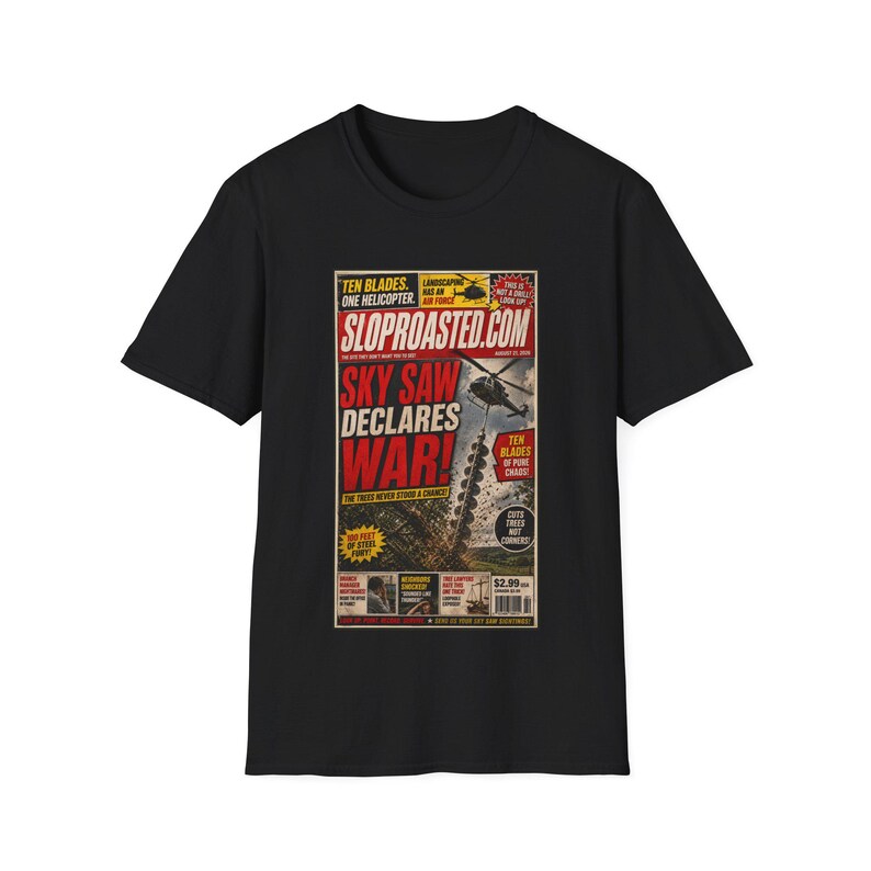 Sky Saw Declares War, Funny Tabloid Graphic Tee, Weird Internet Shirt, SlopRoasted Gift imagen 1