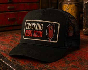 Tracking Rebel Scum Trucker Hat, Retro Surveillance Camera Patch Cap, Privacy Satire Hat