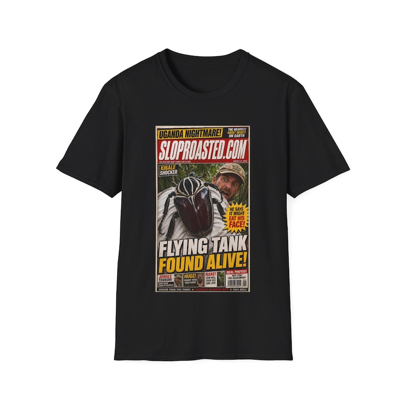 Flying Tank Found Alive! Tabloid T-Shirt, Funny SlopRoasted Graphic Tee image 1