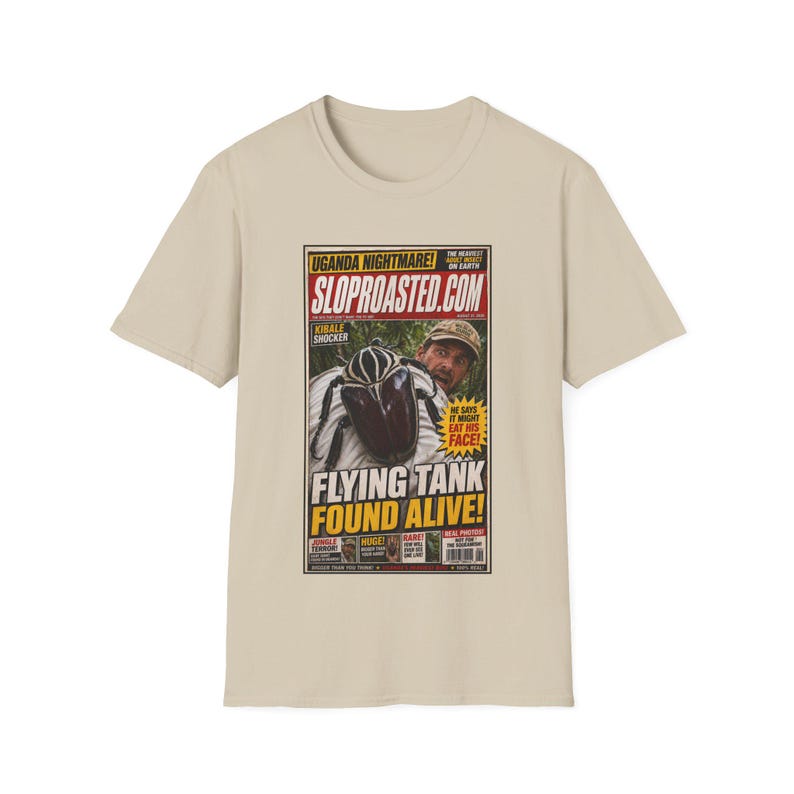 Flying Tank Found Alive! Tabloid T-Shirt, Funny SlopRoasted Graphic Tee image 2