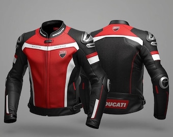 Chaqueta de cuero de carreras de motos inspirada en MotoGP de Ducati en negro, rojo y blanco